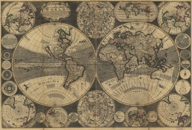 A new and correct map of the world : laid down according to the newest observations & discoveries in several different projections including the trade winds, monsoons, variation of the compass, and illustrated with a coelestial planisphere, the various systems of Ptolomy, Copernicus, and Tycho Brahe together with ye apearances of the planets &c.