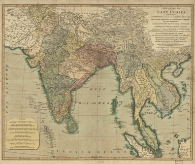 A new general map of the East Indies : exhibiting in the Peninsula on this side of the Ganges, or Hindoostan, the several partitions of the Mogul's Empire ; and the dominions of the English East India Company in the provinces of Bengal, Bahar, Orixa, as well as upon the coasts of Malabar and Coromandel ; with the French and Dutch possessions according to the peace of 1783 : and in the peninsula beyond the Ganges, the kingdoms of Assam, Cashar, Aua, Aracan, Mien, Pegu, Siam, Lao and Cambodia, &c.