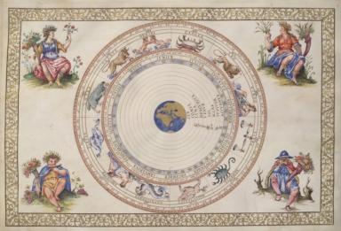 Planisphere with signs of zodiac and allegorical figures representing seasons