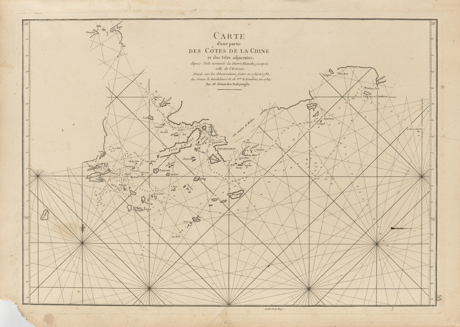 Carte d'une partie des côtes de la Chine et des Isles adjacentes : depuis l'Isle nommée la Pierre Blanche, jusqu'a celle de l'Artimon