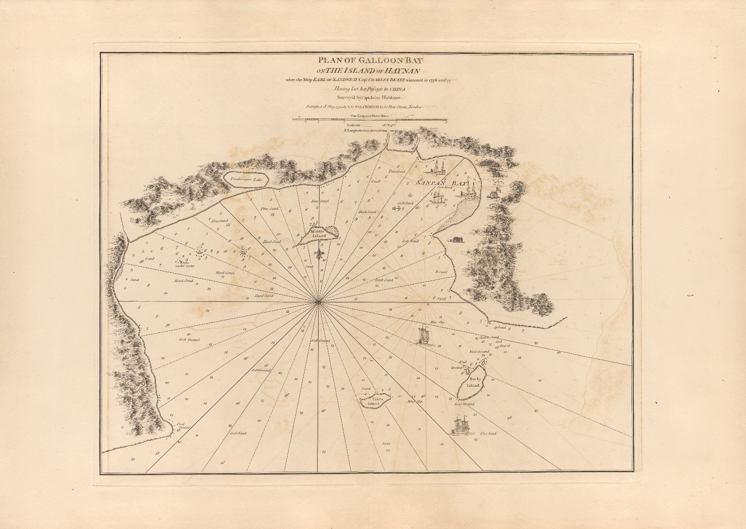 Plan of Galloon Bay on the Island of Hay-nan : where the ship Earl of Sandwich Cap.t Charles Deane winteres in 1776 and 77 having lost her passage to China