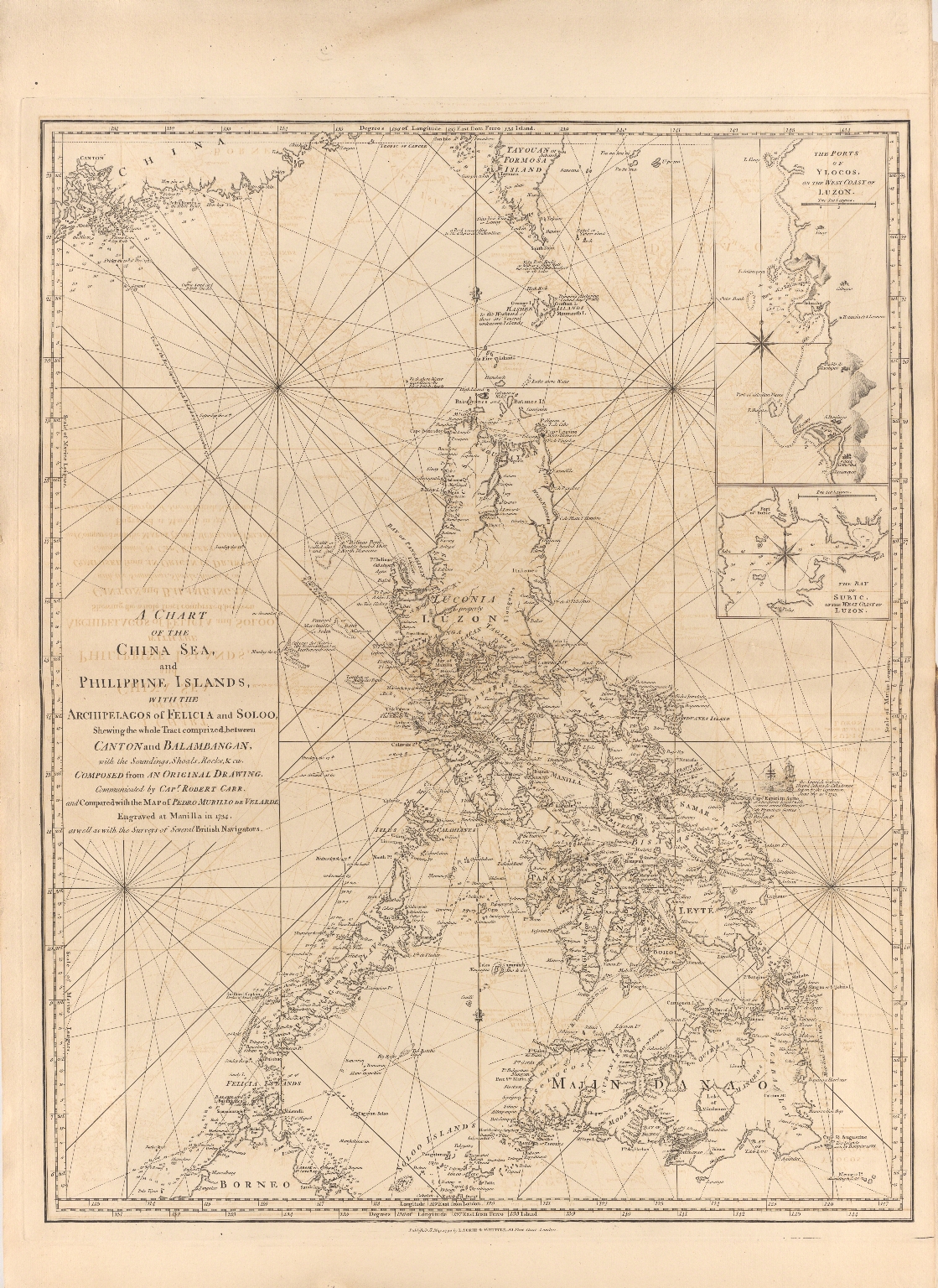 A chart of the China Sea, and Philippine Islands with the Archipelagos of Felicia and Soloo : shewing the whole tract comprized, between Canton and Balambangan, with the soundings, shoals, rocks, & ca.