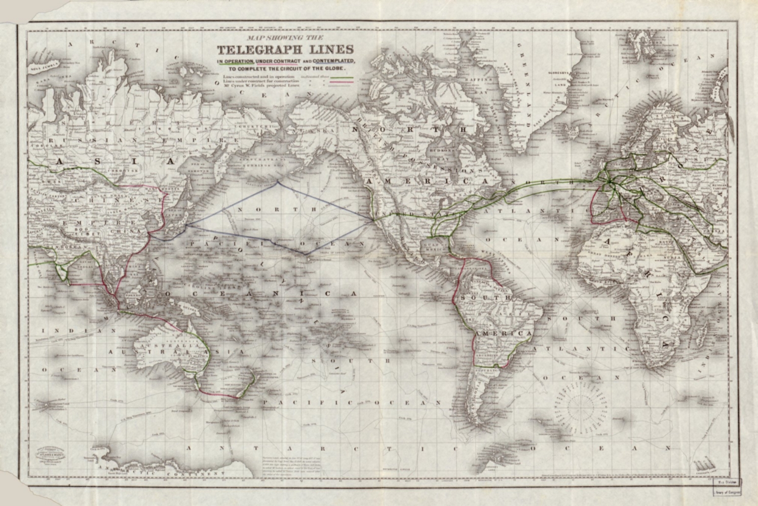 Map showing the telegraph lines in operation, under contract and contemplated, to complete the circuit of the globe