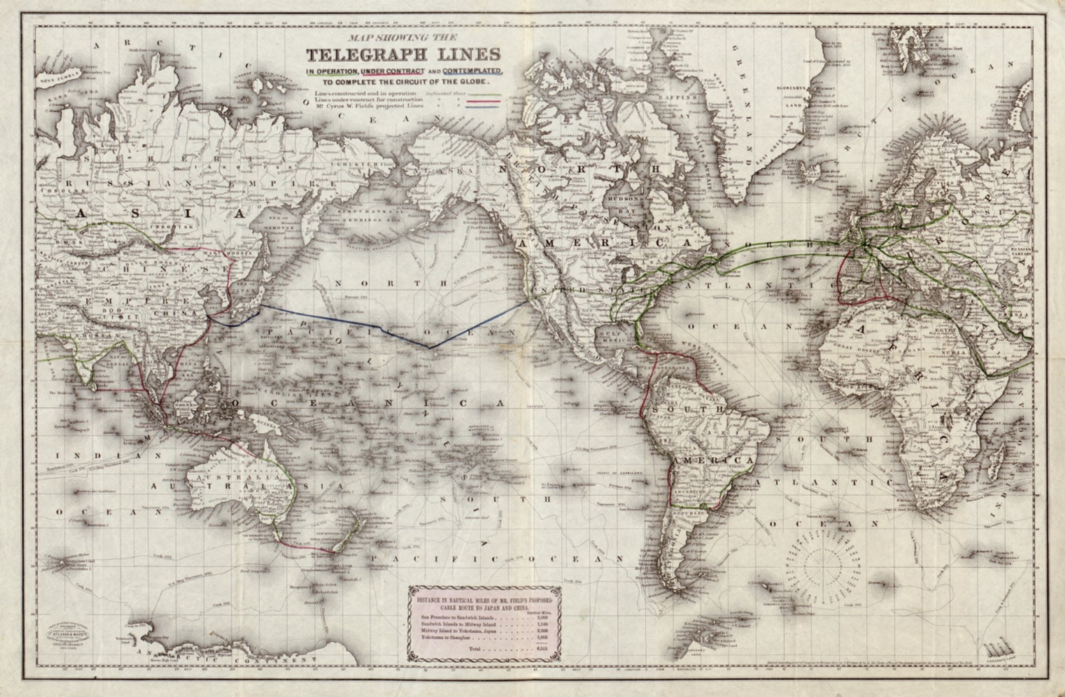 Map showing the telegraph lines in operation, under contract, and contemplated, to complete the circuit of the globe