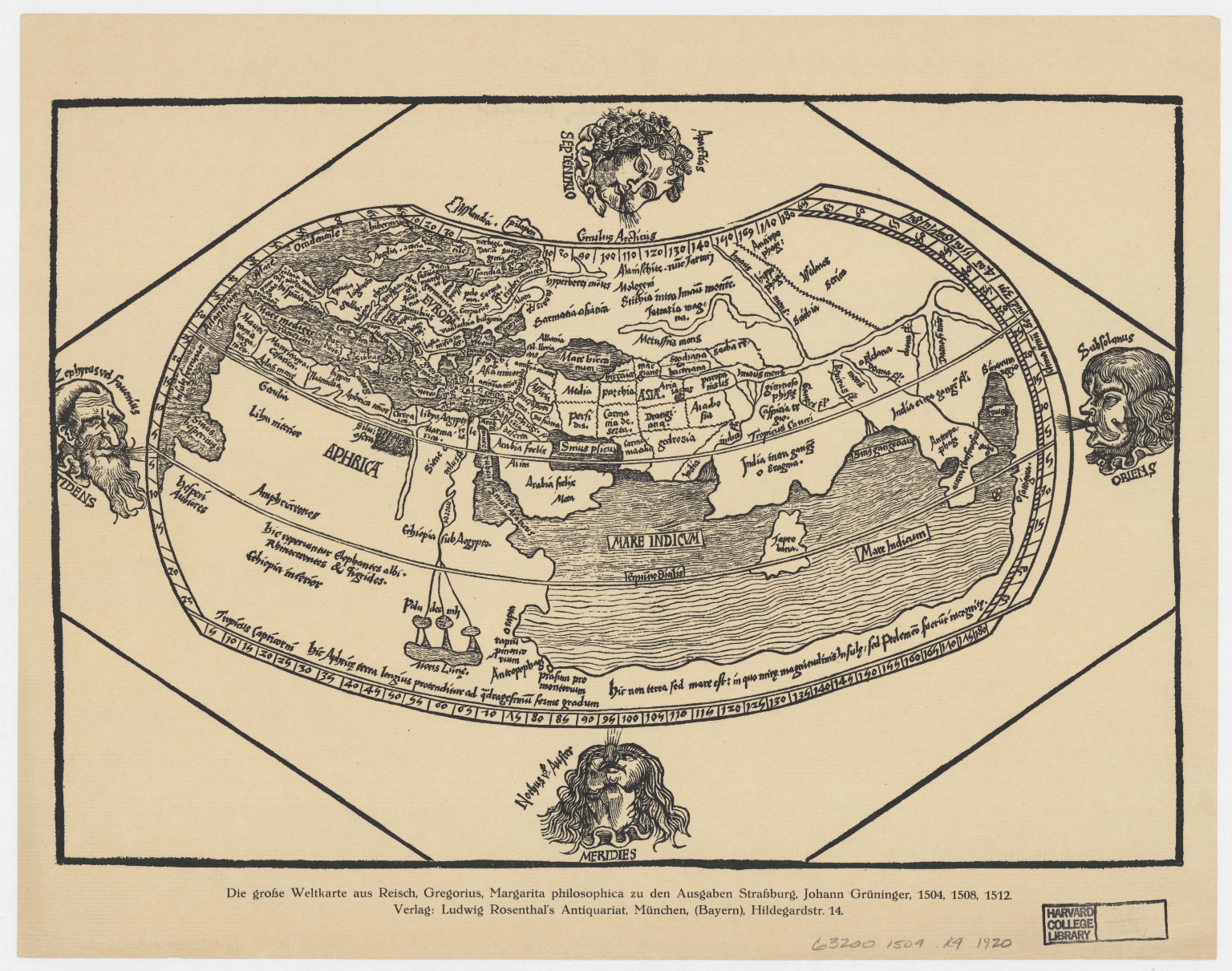 Die grosse Weltkarte aus Reisch, Gregorius : Margarita philosophica zu den Ausgaben Strassburg, Johann Grüninger, 1504, 1508, 1512