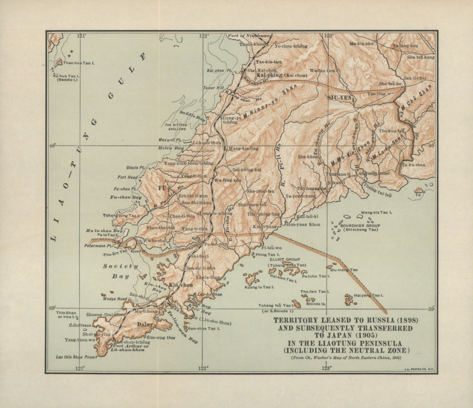 Territory leased to Russia (1898) and subsequently transferred to Japan (1905) in the Liaotung Peninsula (including the neutral zone) : (from Ch. Waeber's Map of North Eastern China, 1900).