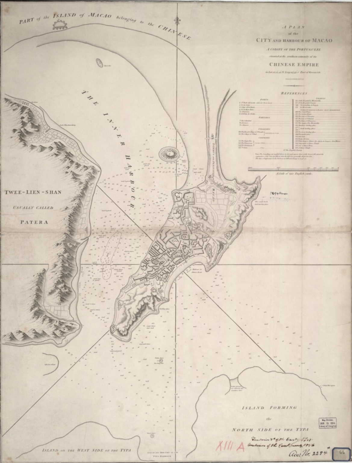 A plan of the city and harbour of Macao : a colony of the Portugueze situated at the southern extremity of the Chinese Empire in Lat. 22 ⁰12ʹ44ʺ N., Long. 113⁰35ʹ0ʺ east of Greenwich