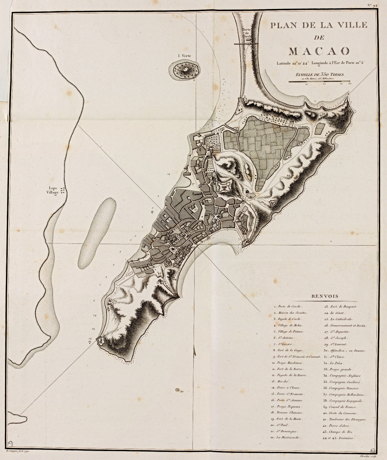 Plan de la ville de Macao : latitude 22º 12' 44'', longitude à l'Est de Paris mº 5.