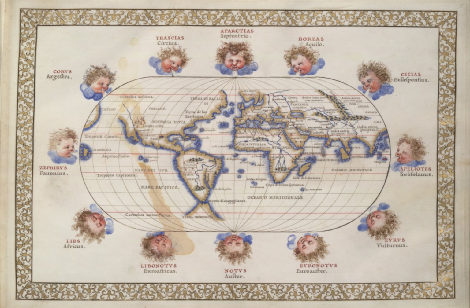 Oval map of the world with wind heads