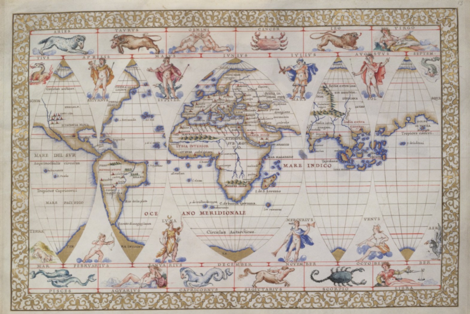 The World in five gores (decorated at top and bottom with signs of the zodiac and other figures)