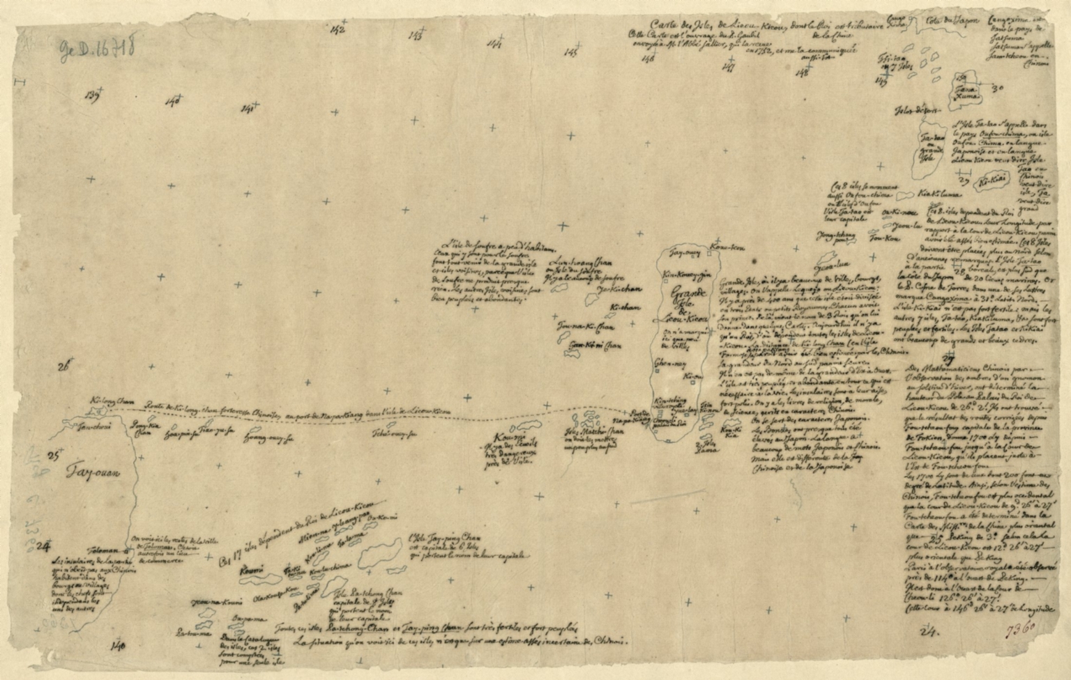 Carte des Isles de Lieou-Kieou dont le roi est tributaire de la Chine : Cette Carte est l'ouvrage du P. Gaubil, envoyée à M. L'Abbé Sallier qui l'a reçue en 1752, et me la communiquée aussitôt.