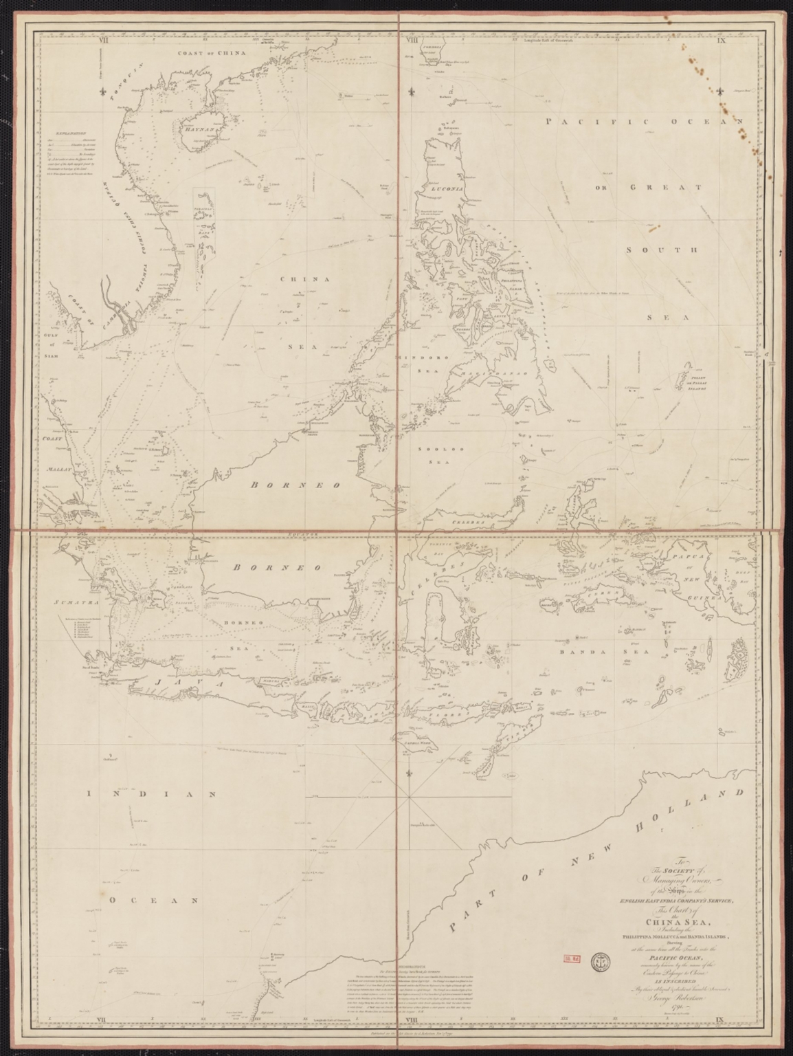 To the Society of Managing Owners of the Ships in the English East India Company's Service, This Chart of the China Sea, Including the Philippina Molluca and Banda Islands, Shewing al the same time all the Tracks into the Pacific Ocean, commonly known by the name of the Eastern Passage to China